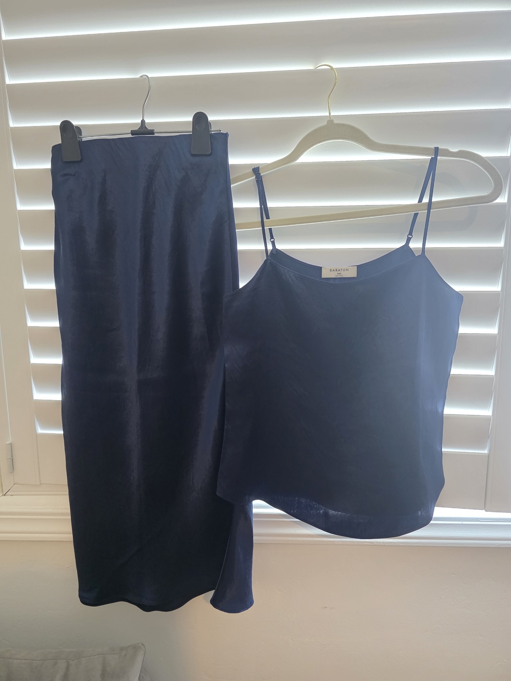 Aritzia Navy Satin Top+Midi Skirt
